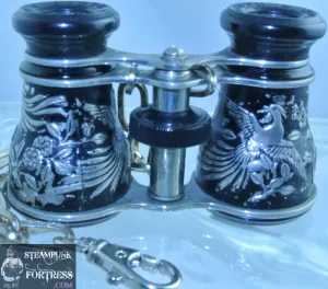 VINTAGE BLACK SILVER ETCHED BIRDS FLOWERS BINOCULARS OPERA GLASSES SILVER OVAL CHAIN CLASP STARR WILDE STEAMPUNK FORTRESS