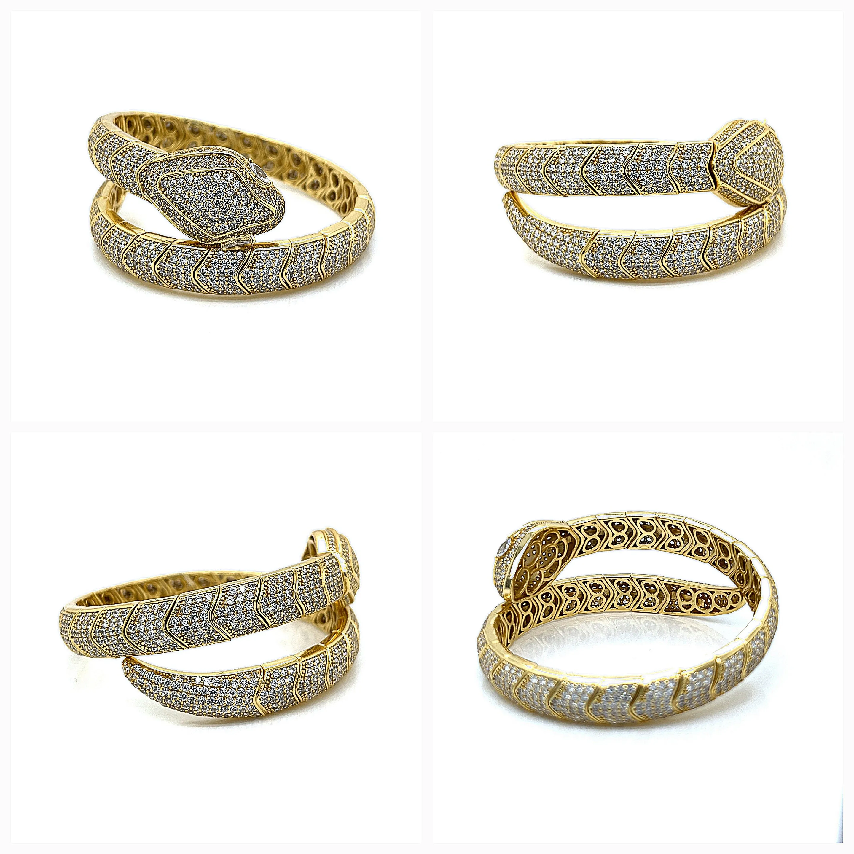 Vintage Italian 925 Serpenti Tubogas Bracelet Cuffed Snake 2" Pave Gold Plated Bangle