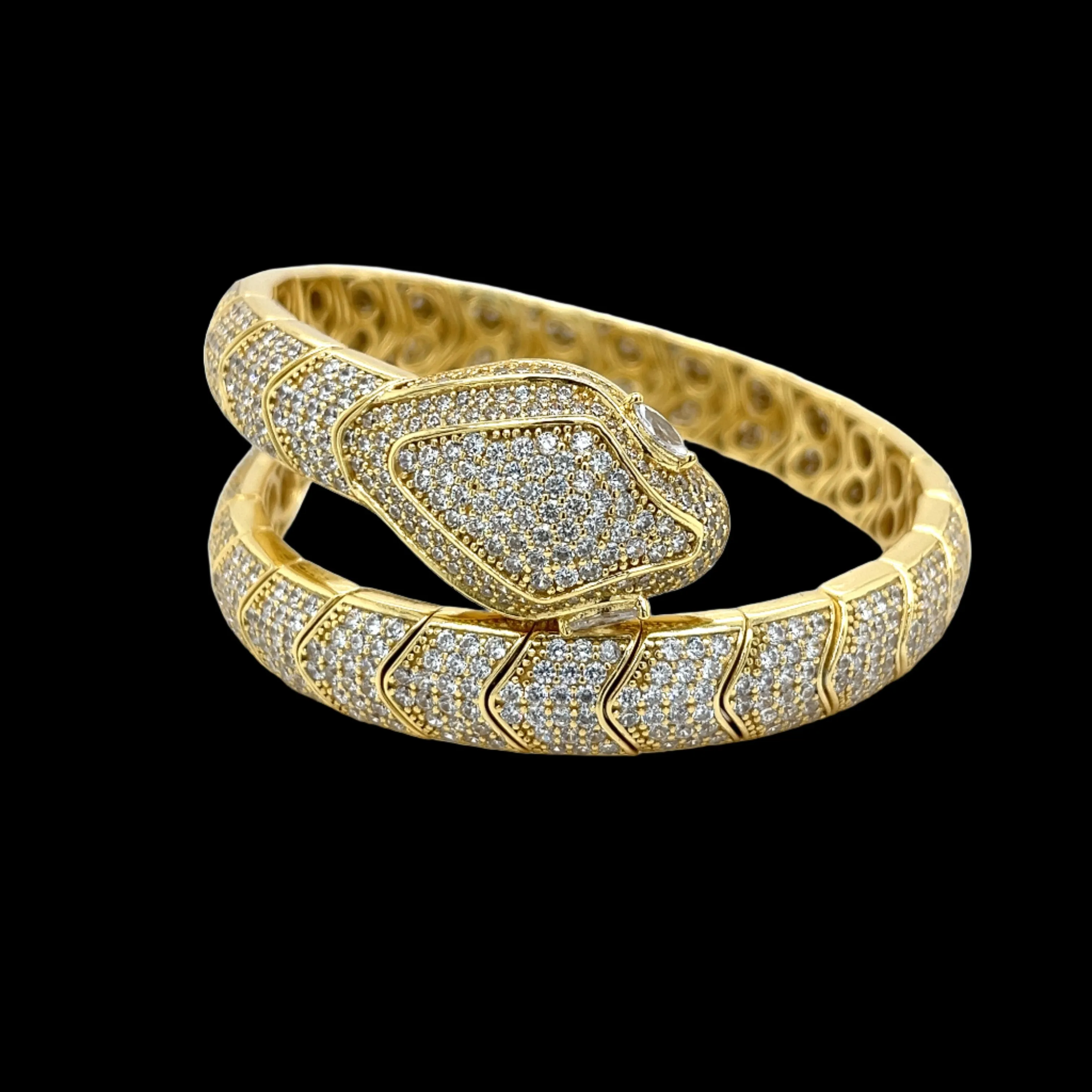 Vintage Italian 925 Serpenti Tubogas Bracelet Cuffed Snake 2" Pave Gold Plated Bangle