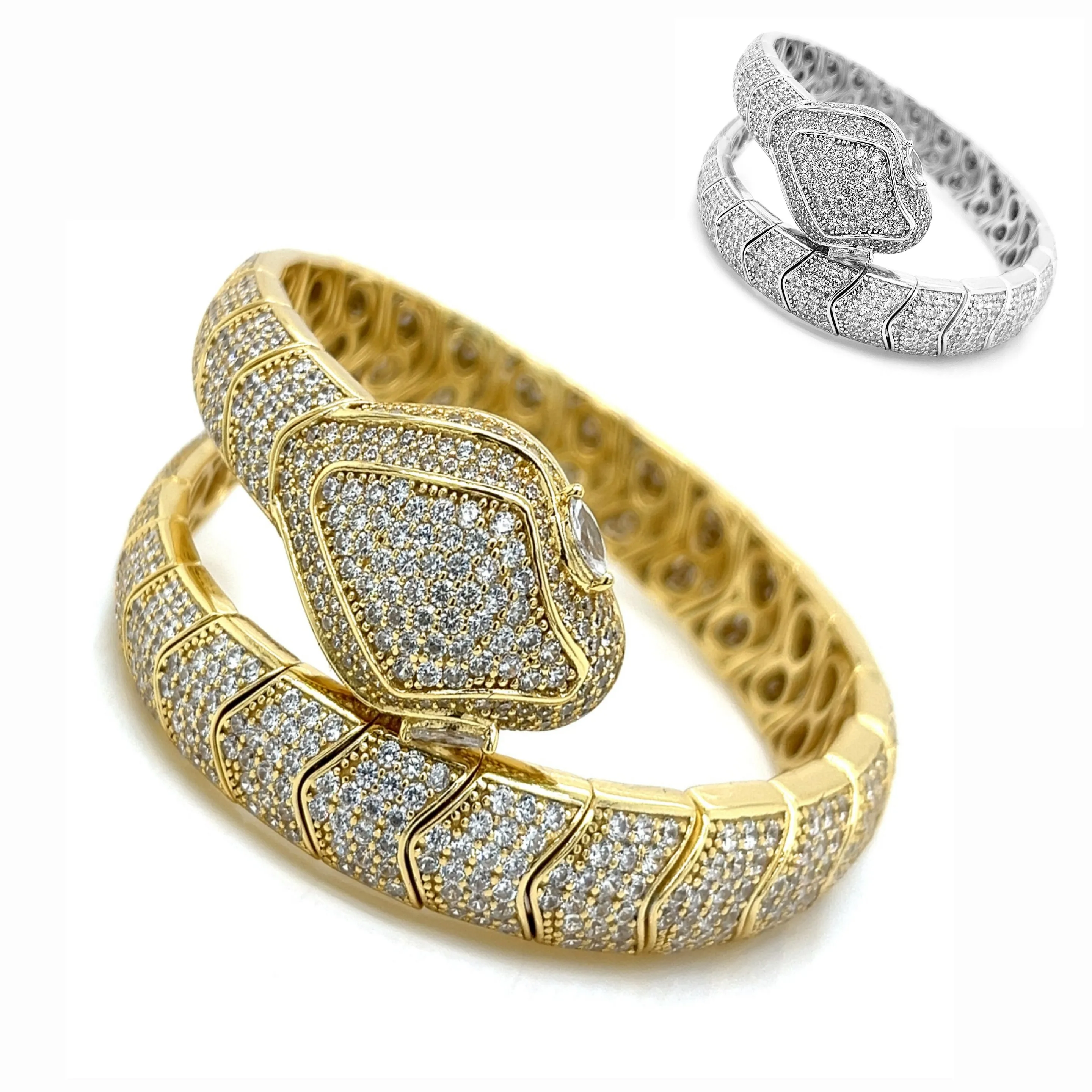 Vintage Italian 925 Serpenti Tubogas Bracelet Cuffed Snake 2" Pave Gold Plated Bangle