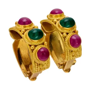Vintage Lalaounis emerald ruby 18k yellow gold earrings