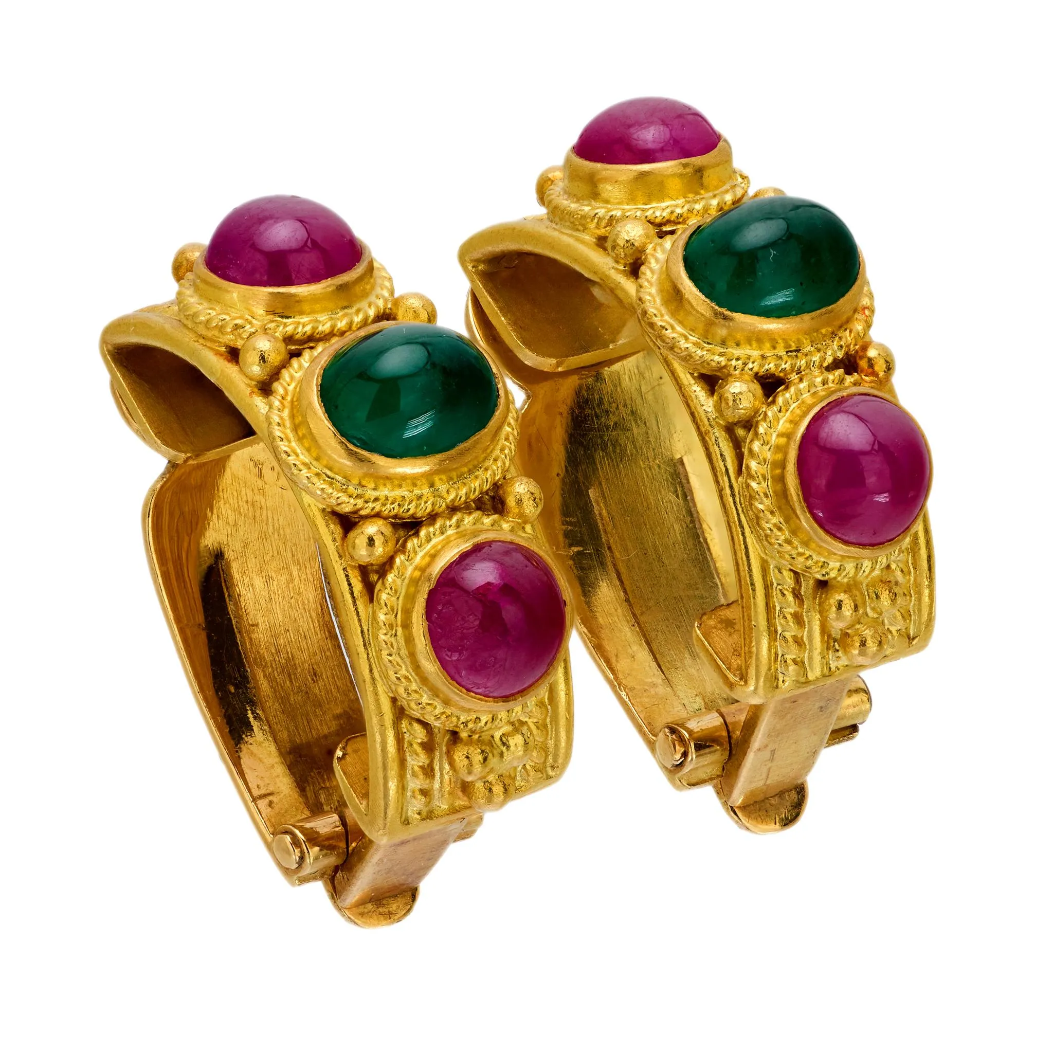 Vintage Lalaounis emerald ruby 18k yellow gold earrings