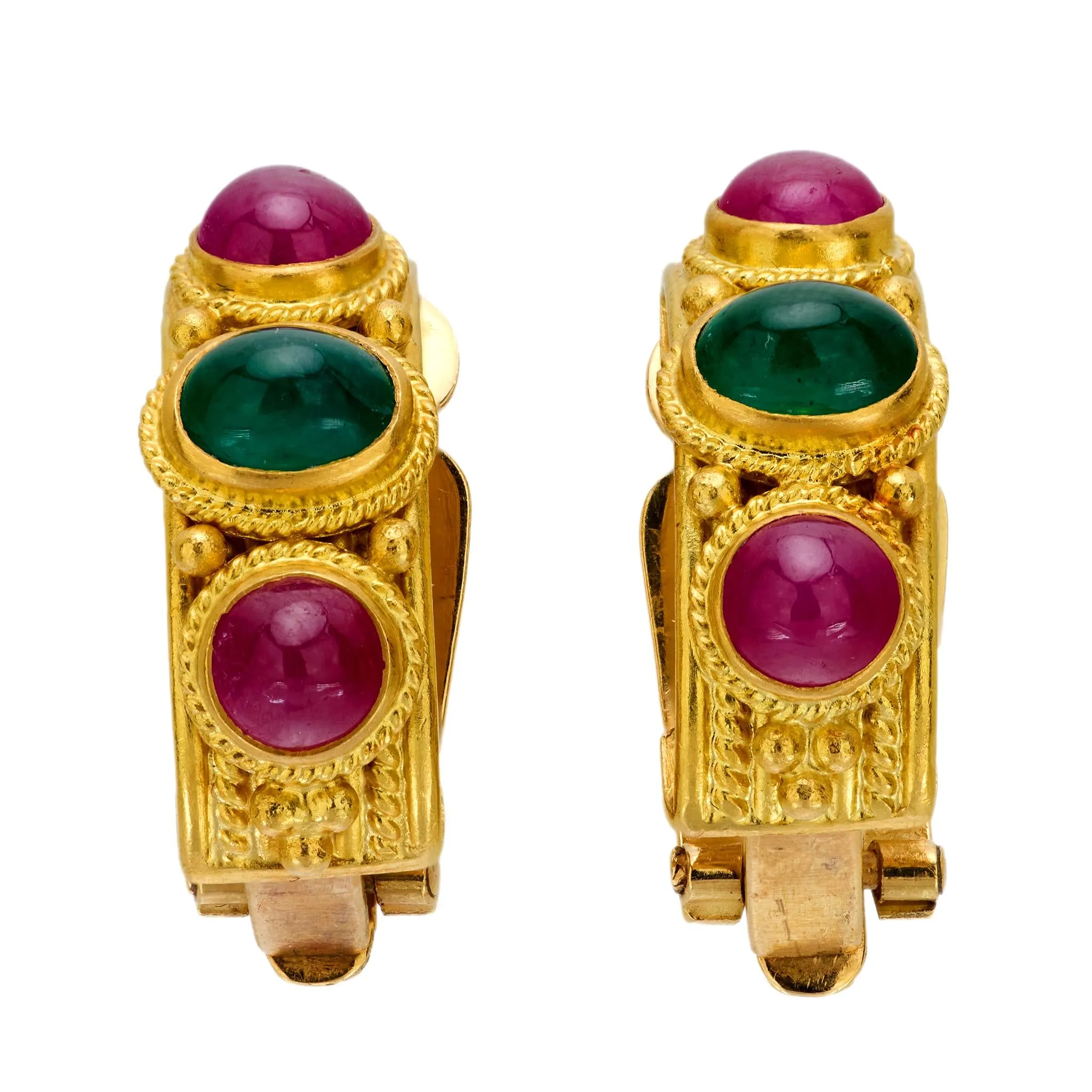 Vintage Lalaounis emerald ruby 18k yellow gold earrings