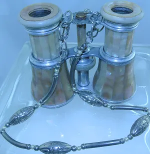 VINTAGE MOTHER OF PEARL MOP ABALONE LEMAIRE DOUBLE WALLED CASED BINOCULARS POSSIBLY OWNED BY GABRIELLE FLAMMARION SILVER ROUND WATCH CLOCK GEAR SILVER CHAIN CLASP OPERA GLASSES STARR WILDE STEAMPUNK FORTRESS