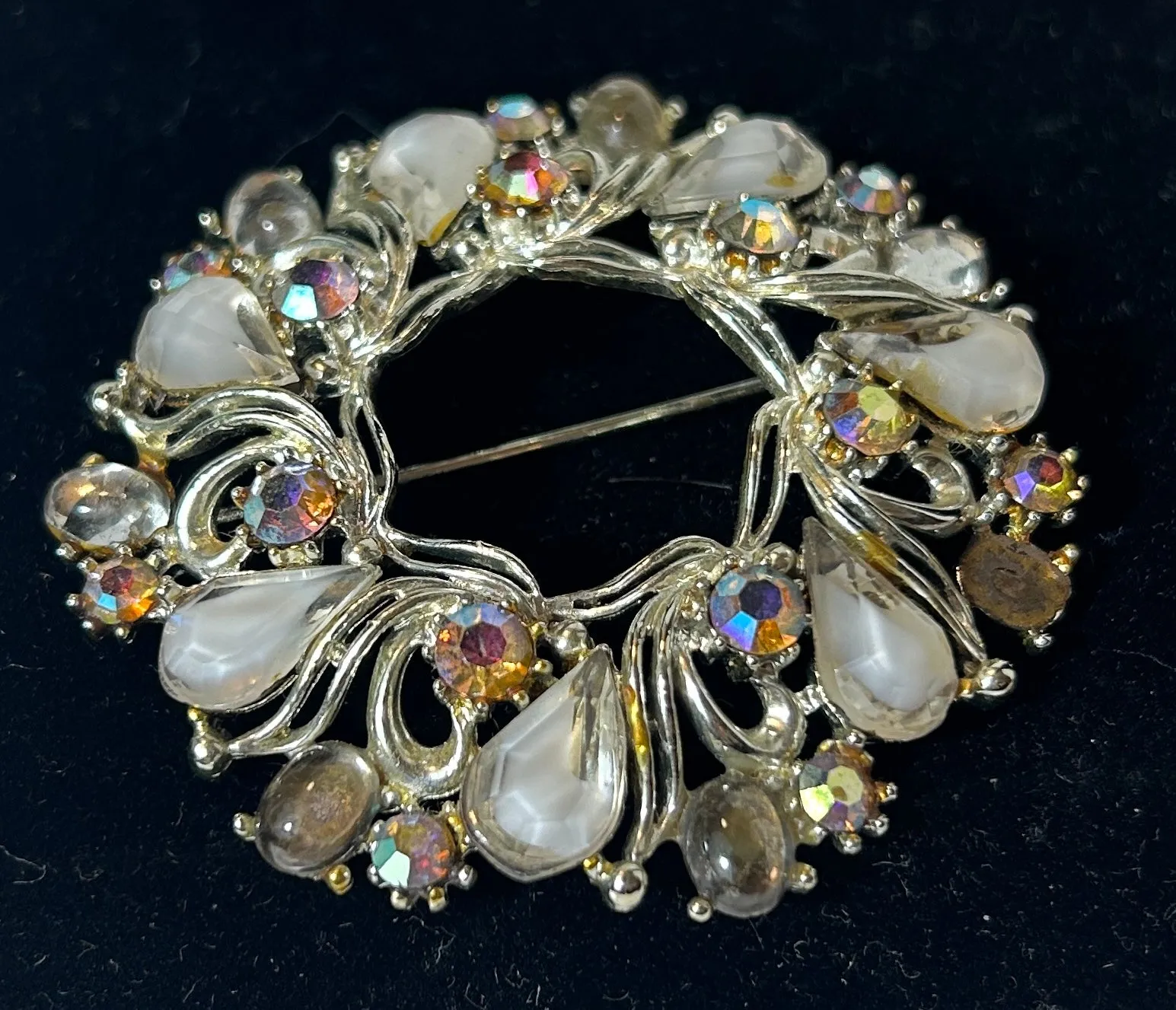 Vintage Silver-Tone Round Wreath Brooch with White and Aurora Borealis Stones