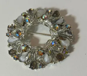 Vintage Silver-Tone Round Wreath Brooch with White and Aurora Borealis Stones