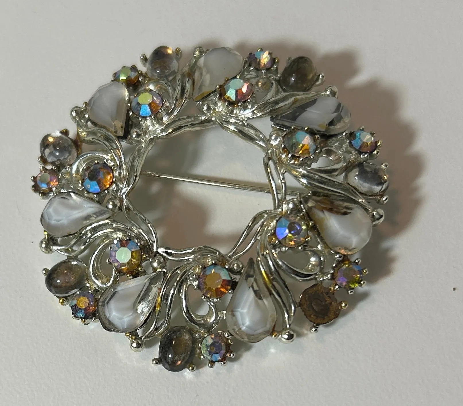 Vintage Silver-Tone Round Wreath Brooch with White and Aurora Borealis Stones