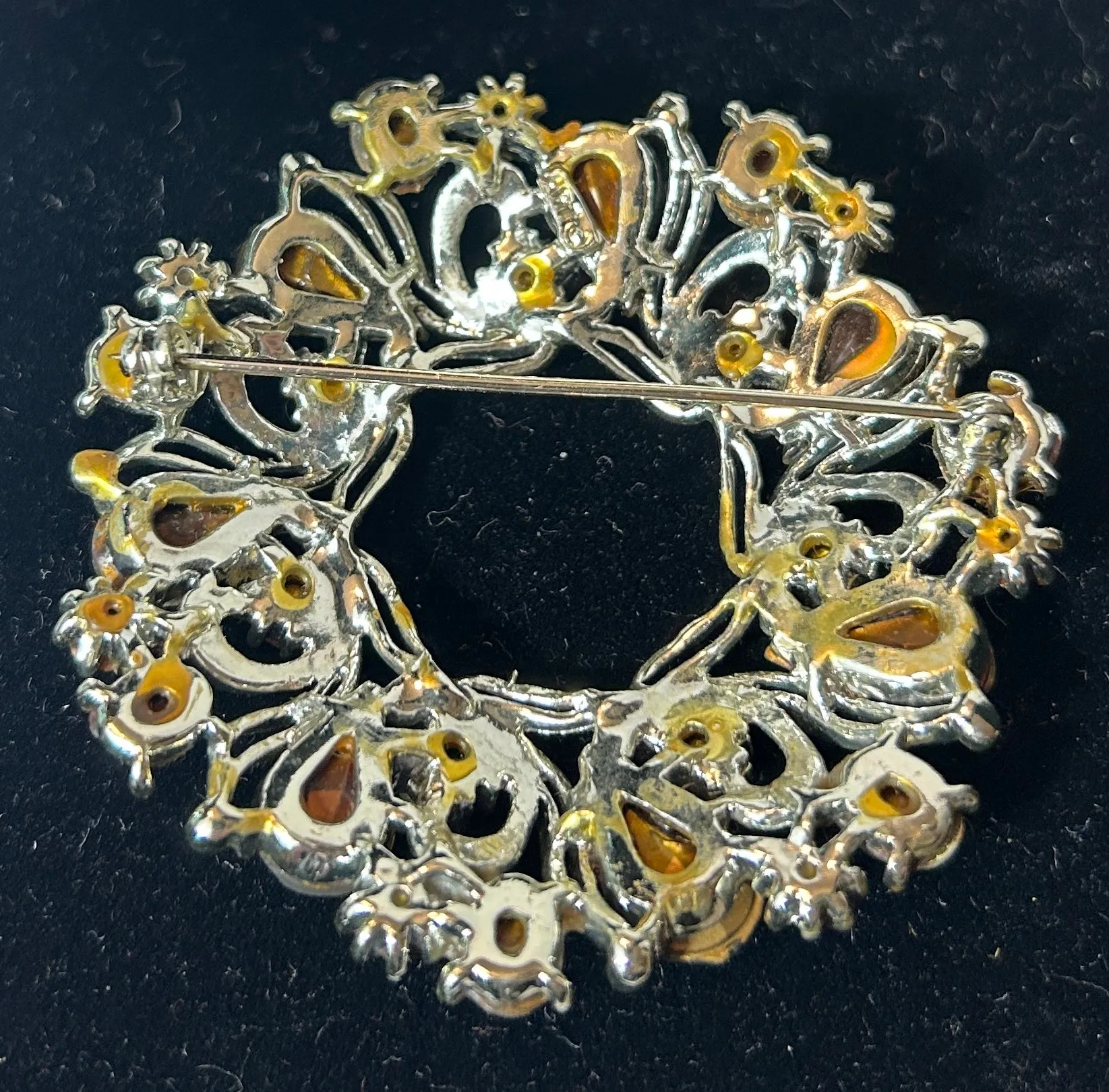 Vintage Silver-Tone Round Wreath Brooch with White and Aurora Borealis Stones
