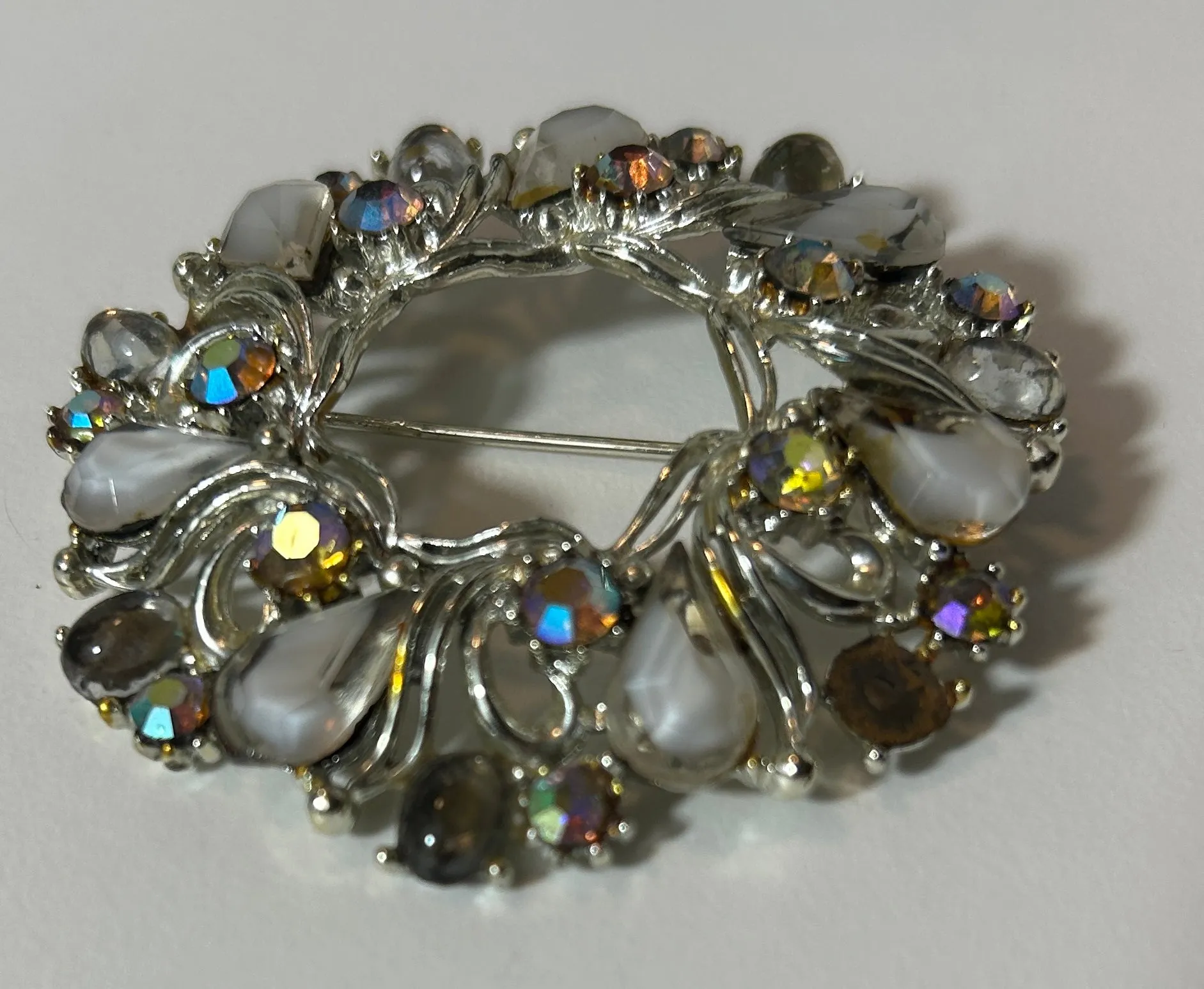 Vintage Silver-Tone Round Wreath Brooch with White and Aurora Borealis Stones