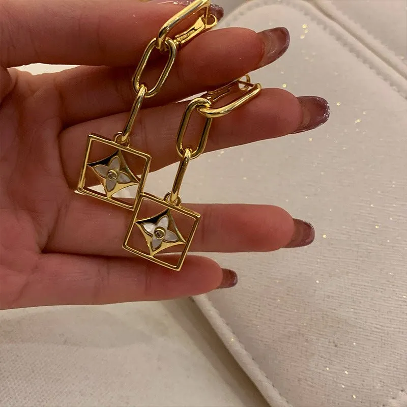 Vintage Style Flower and Chain Gold Drop Earrings