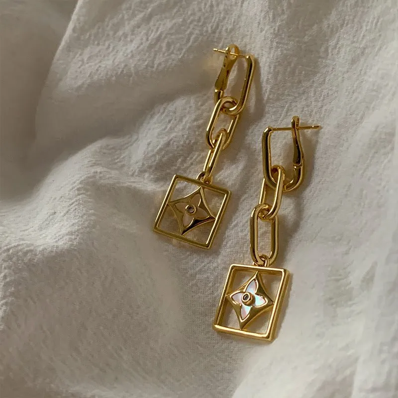 Vintage Style Flower and Chain Gold Drop Earrings