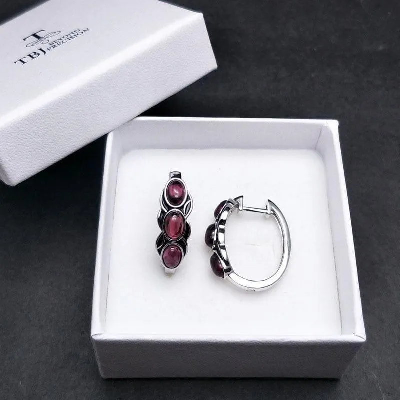 Vintage Style Natural Garnet Rhodolite Stone in 925 Sterling Silver Earrings