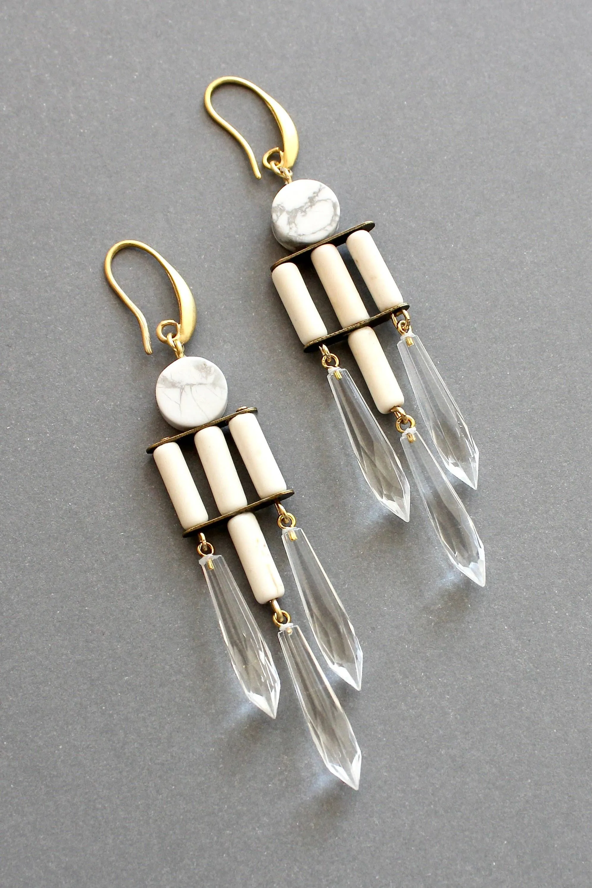 White and crystal geometric chandelier earrings