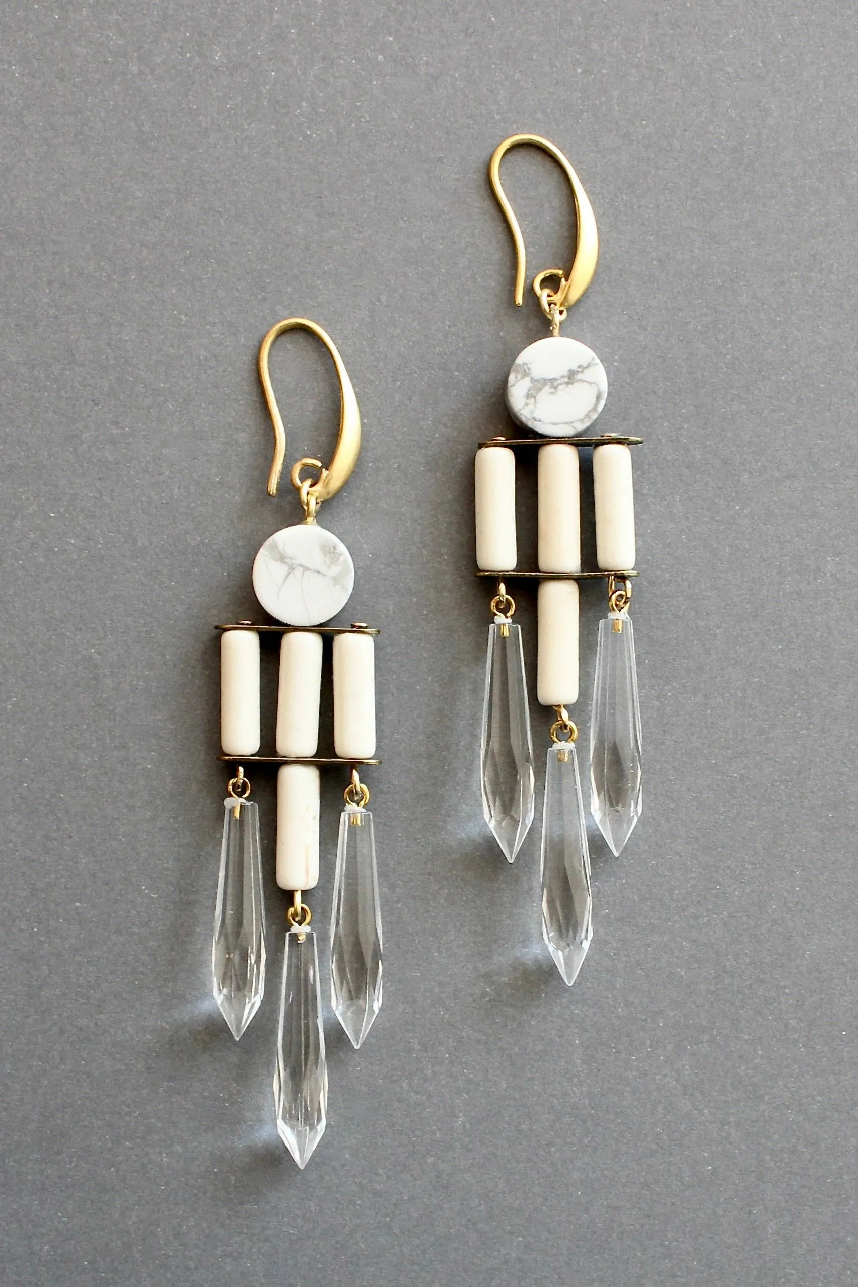 White and crystal geometric chandelier earrings