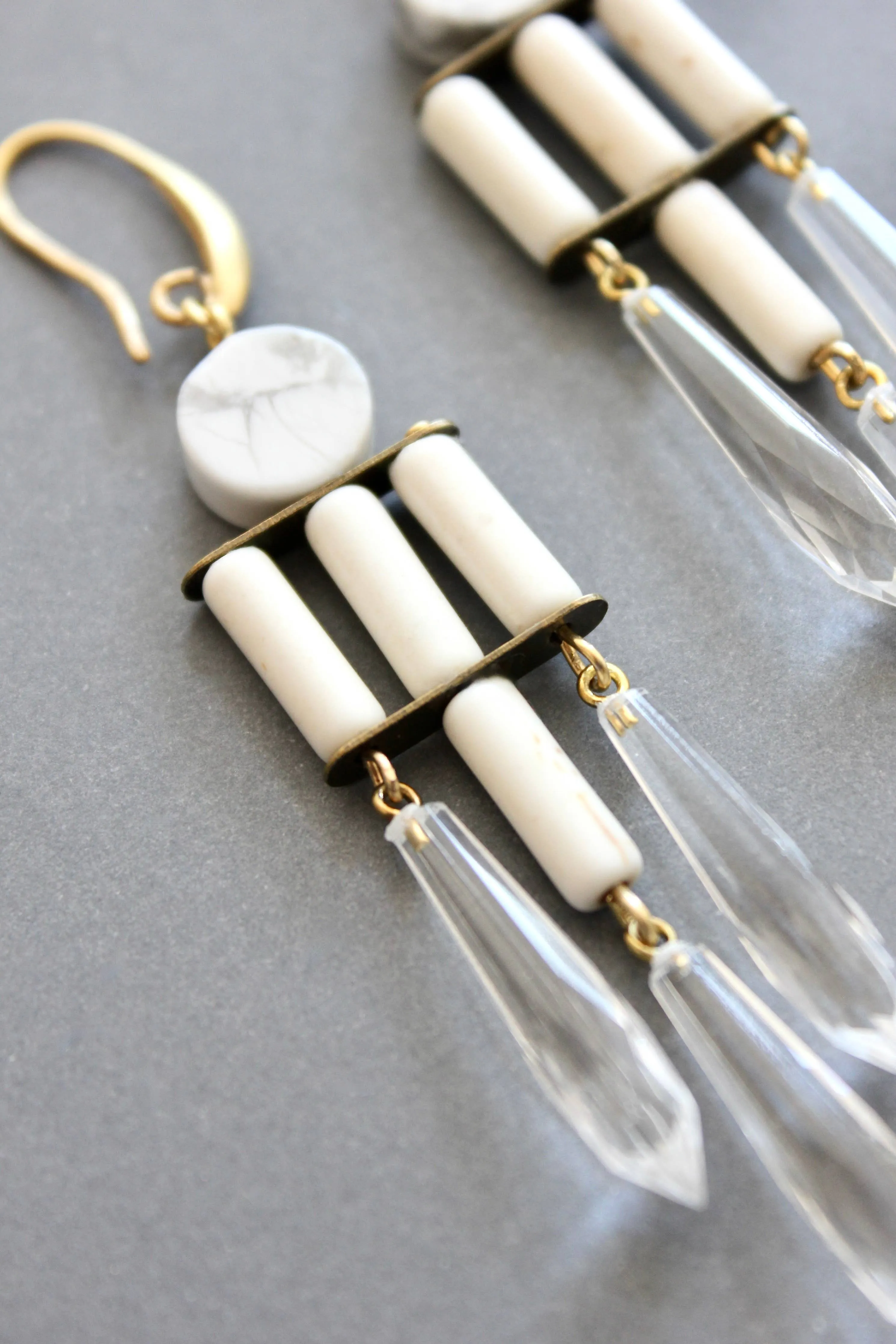 White and crystal geometric chandelier earrings