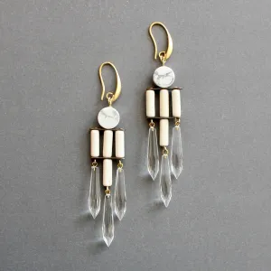 White and crystal geometric chandelier earrings