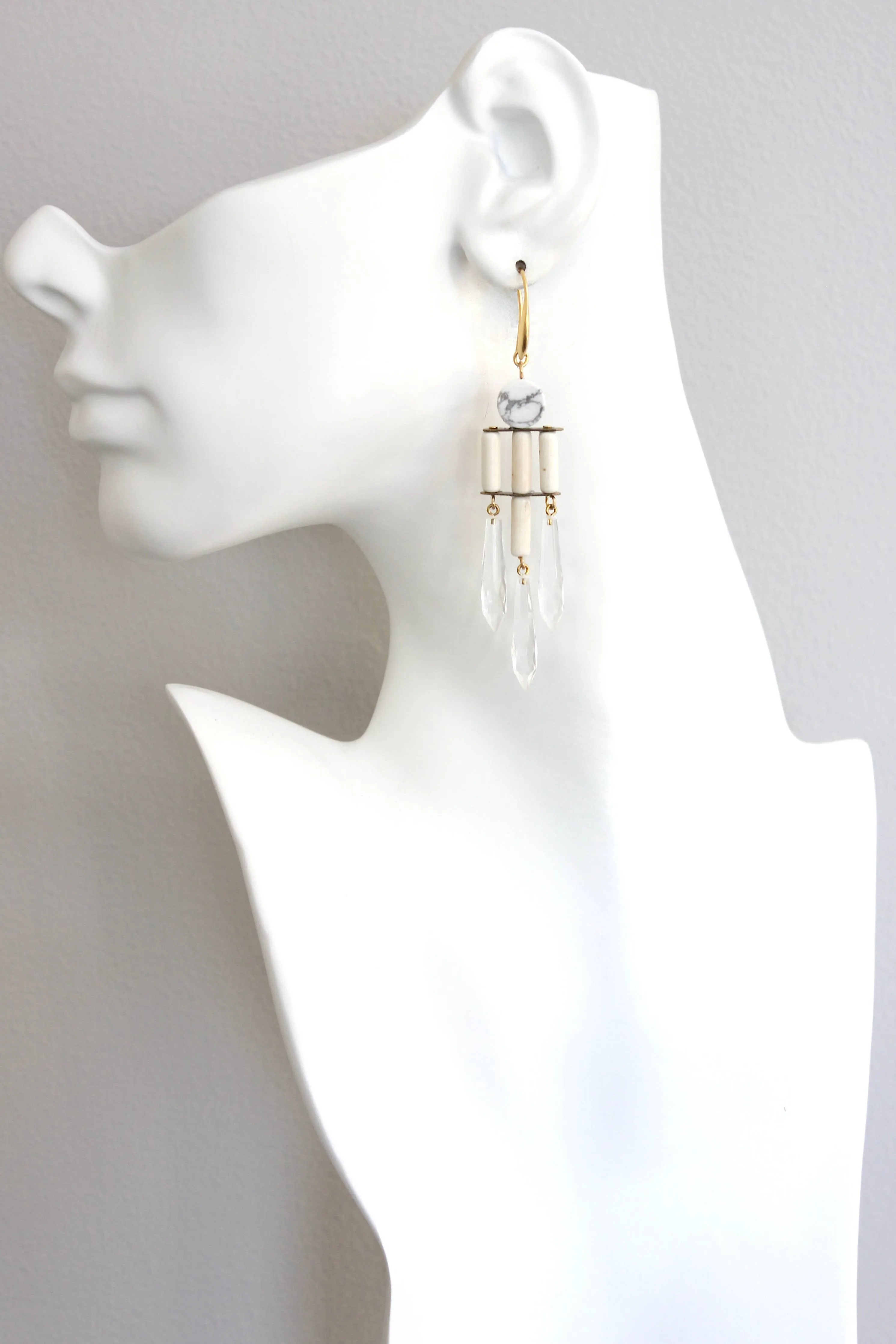 White and crystal geometric chandelier earrings