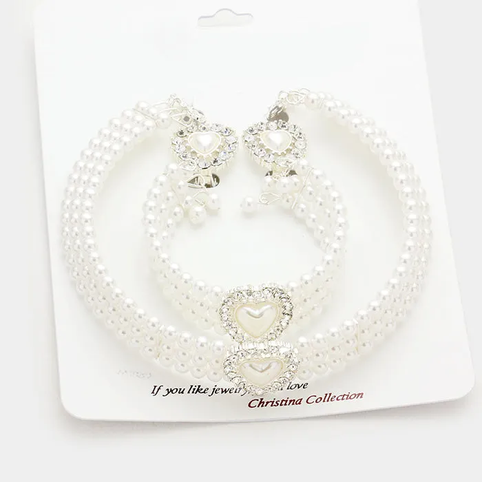 White Pearl 3-Row Choker Bridal Necklace Set |Wedding Jewelry | 58508