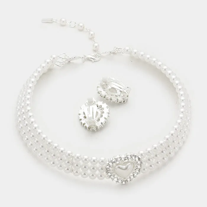 White Pearl 3-Row Choker Bridal Necklace Set |Wedding Jewelry | 58508