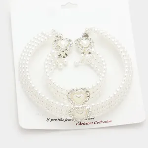 White Pearl 3-Row Choker Bridal Necklace Set |Wedding Jewelry | 58508