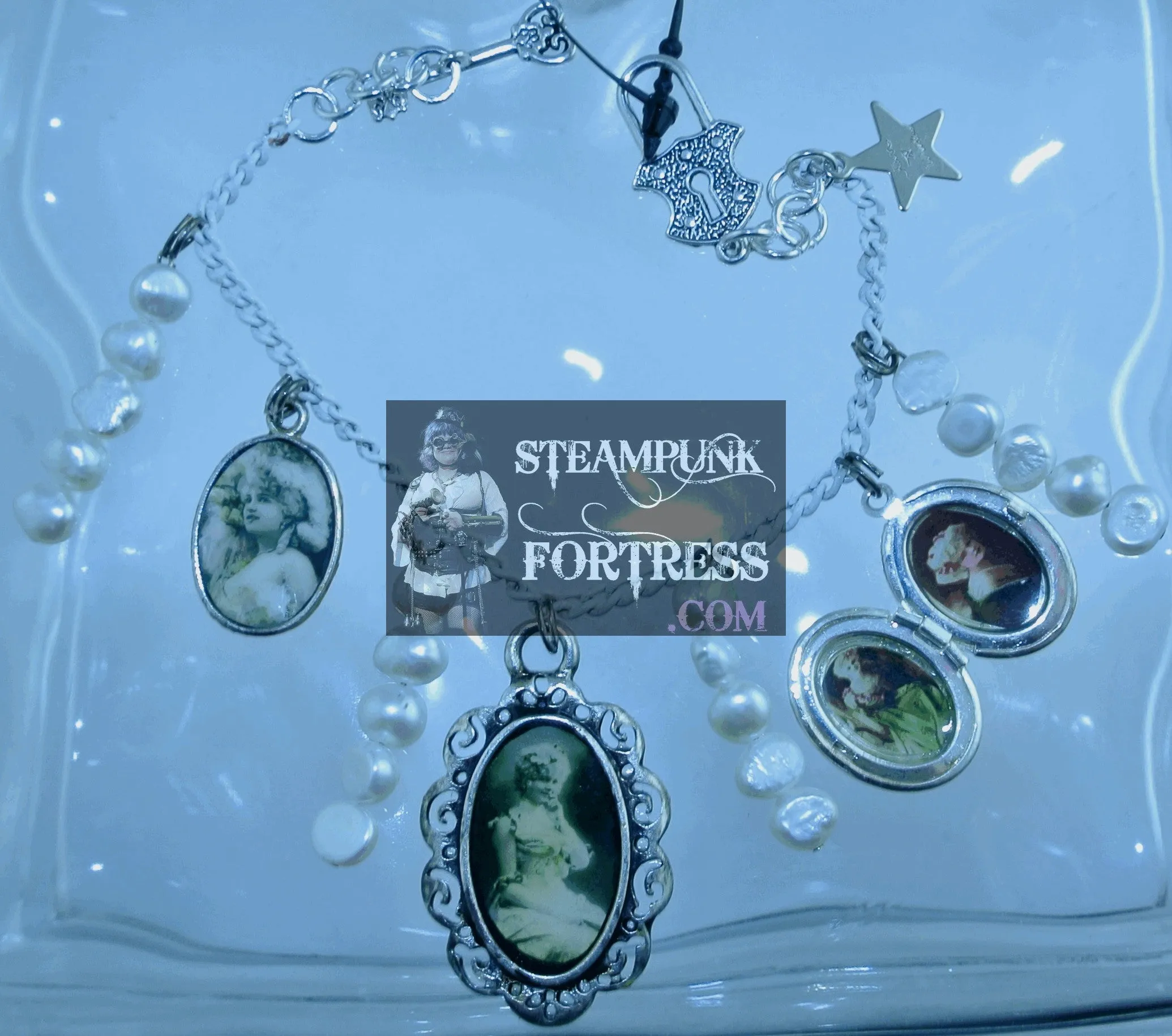 WHITE VINTAGE LADIES WHITE WIG LADY FAN GLOVES LOCKET OVAL PEARLS BRACELET SET AVAILABLE EITHER WHITE SET BRACELET STARR WILDE STEAMPUNK FORTRESS