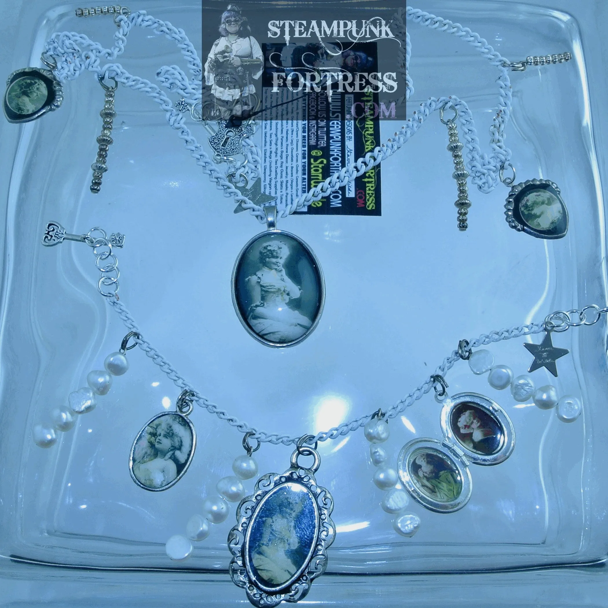 WHITE VINTAGE LADIES WHITE WIG LADY FAN GLOVES LOCKET OVAL PEARLS BRACELET SET AVAILABLE EITHER WHITE SET BRACELET STARR WILDE STEAMPUNK FORTRESS