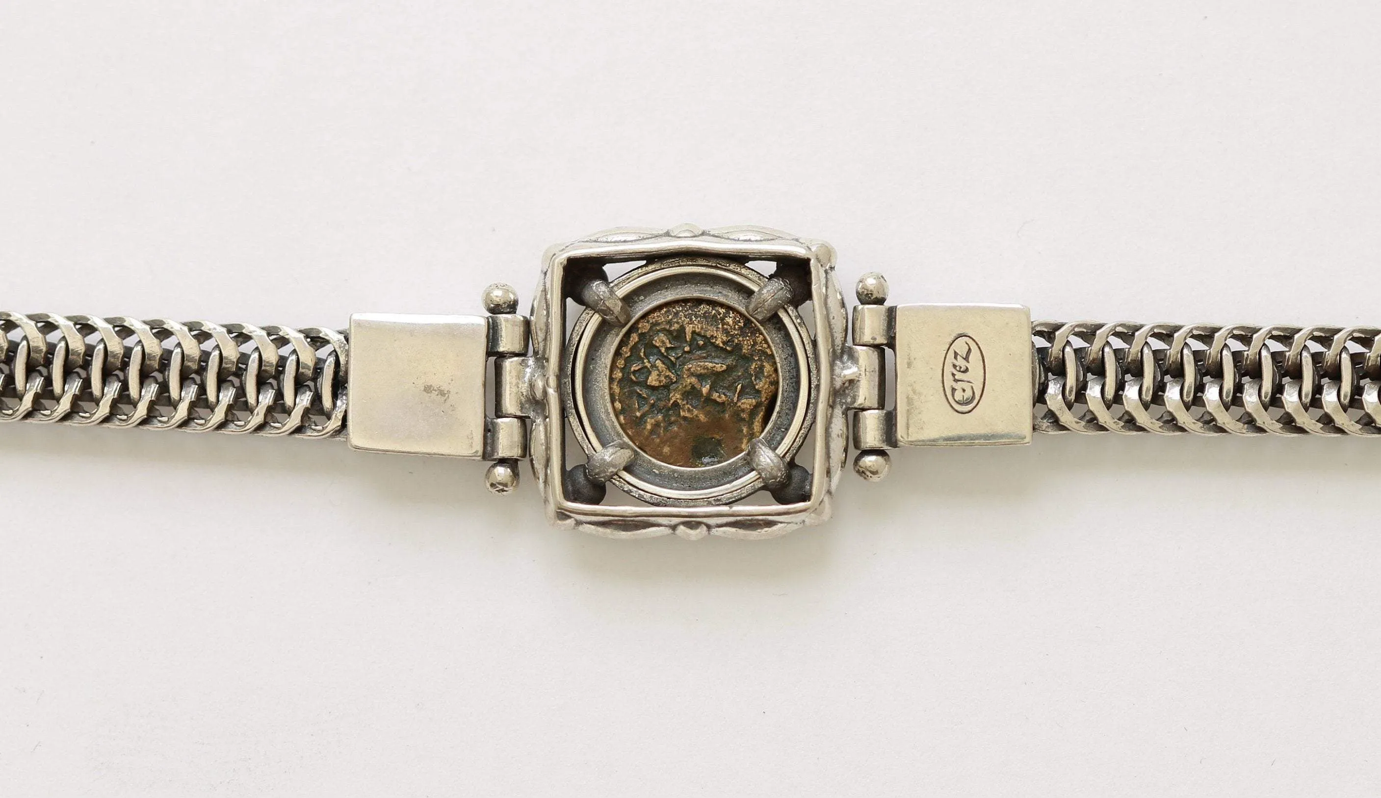 Widows Mite Prutah Coin, Flat Chain Silver Bracelet, 8031