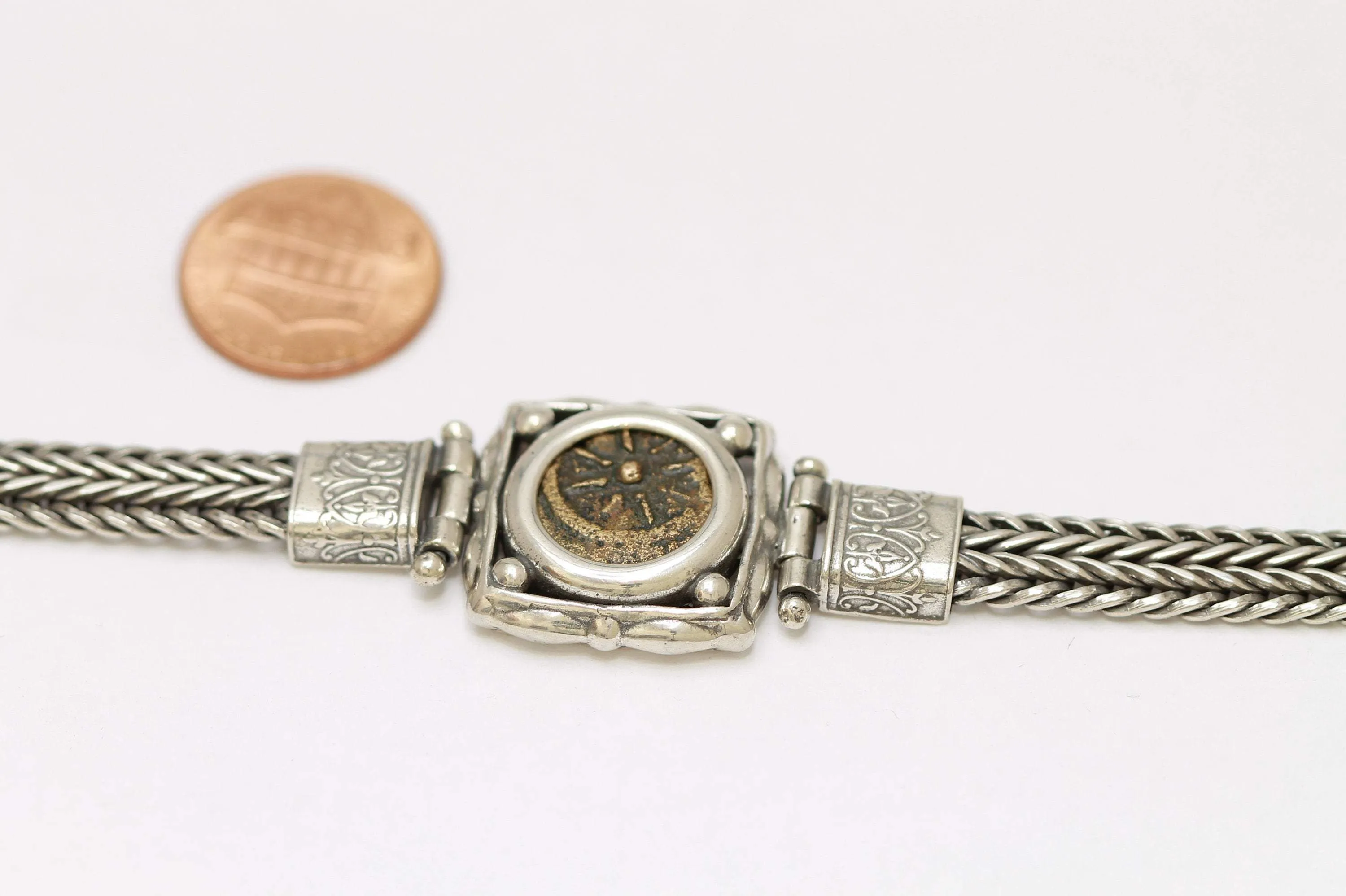 Widows Mite Prutah Coin, Flat Chain Silver Bracelet, 8031