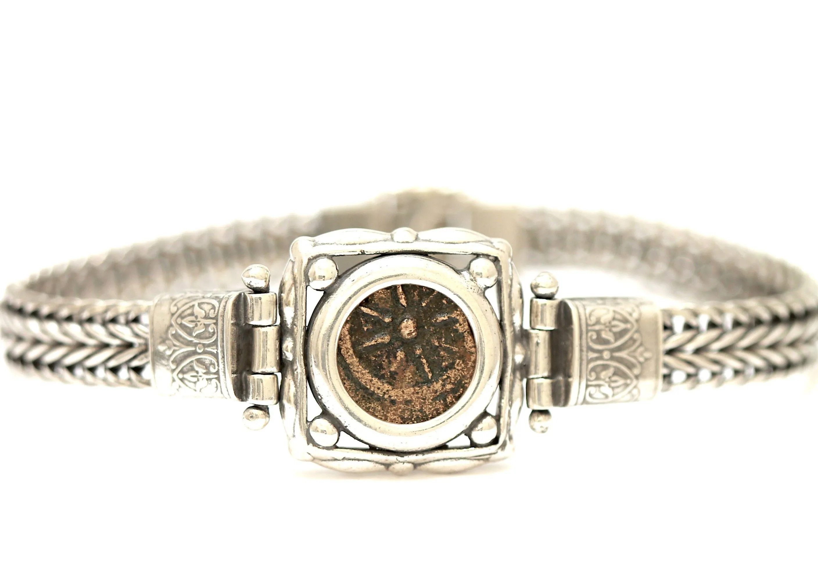 Widows Mite Prutah Coin, Flat Chain Silver Bracelet, 8031