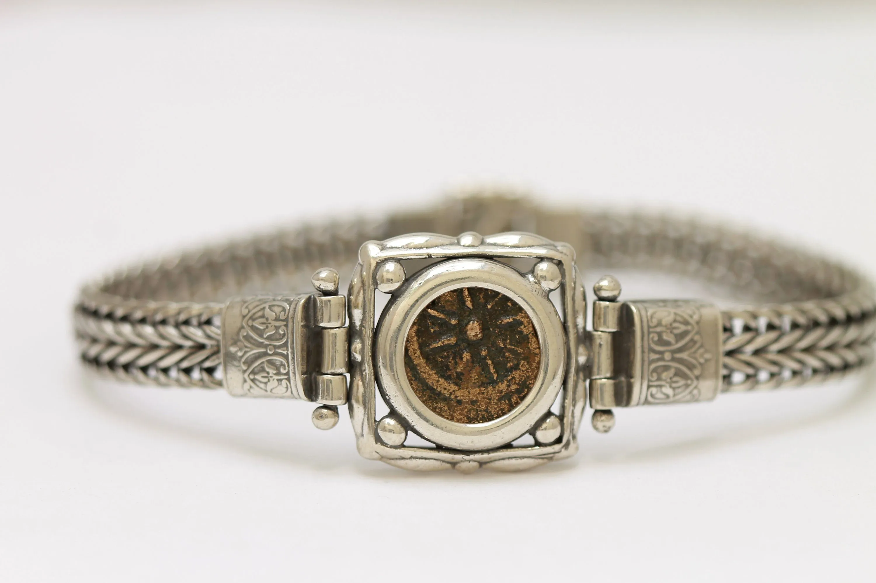 Widows Mite Prutah Coin, Flat Chain Silver Bracelet, 8031