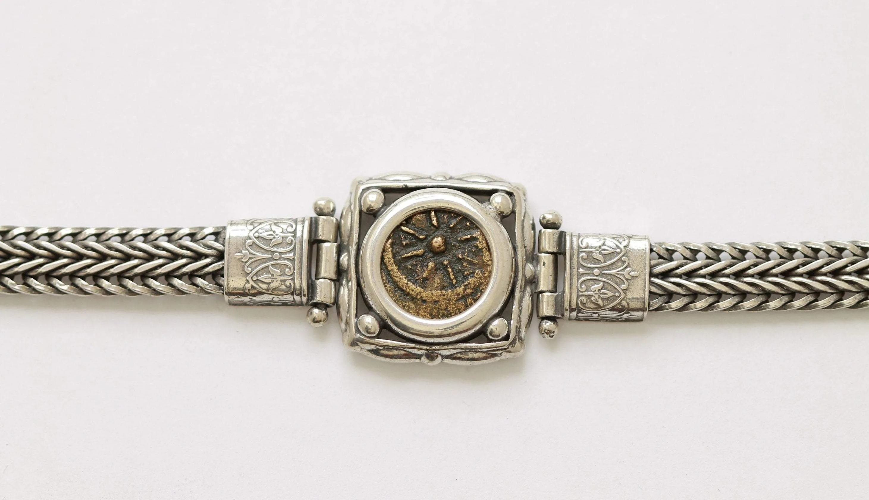 Widows Mite Prutah Coin, Flat Chain Silver Bracelet, 8031