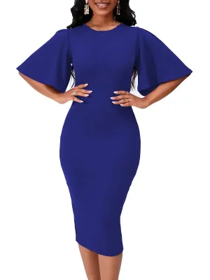 Women's Flared Sleeve Bodycon Midi Dress Blue